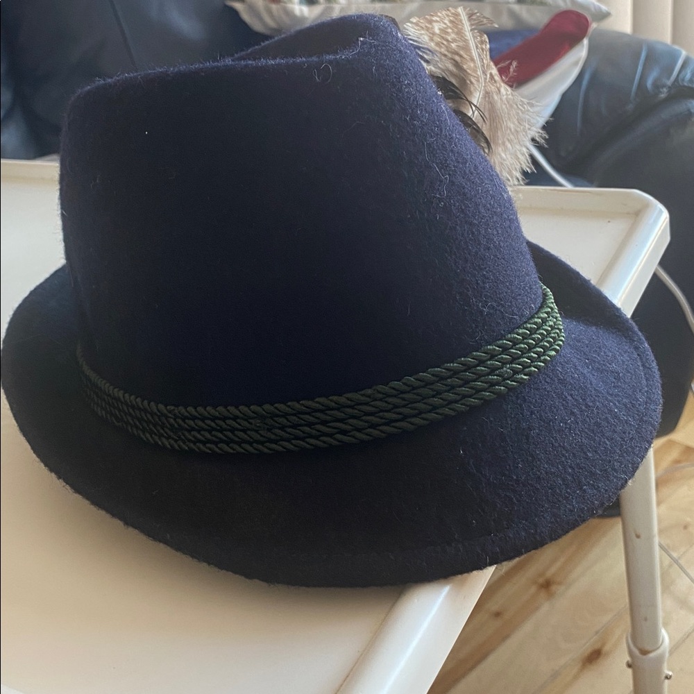 Navy Wool Fedora Hat with Feather Accent and Braided Trim